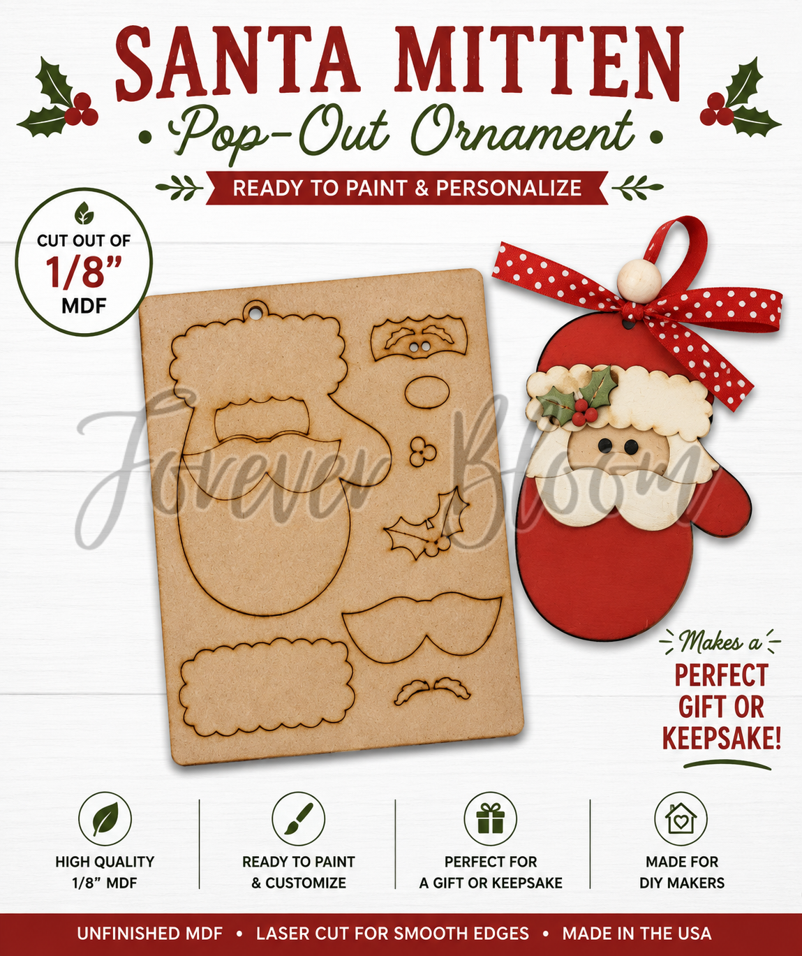 Santa Mitten Pop-Out Ornament - DIY Wood Blank