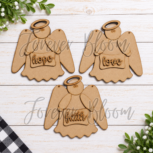 Primitive Angel Ornaments – Faith, Love; Hope Set of 3 – DIY Wood Kit